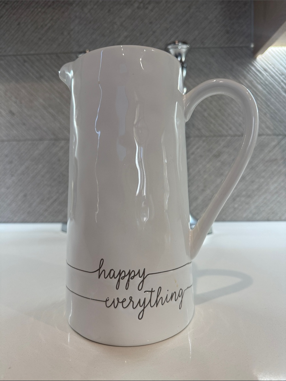 MUD PIE • EUC • Tall White Ceramic Pitcher with “happy everything” sentiment